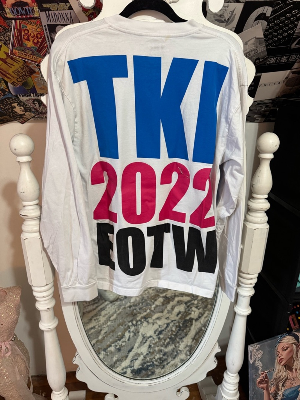White Long Sleeve Tee with Blue Globe & Pink 'End of the World Tour' Print